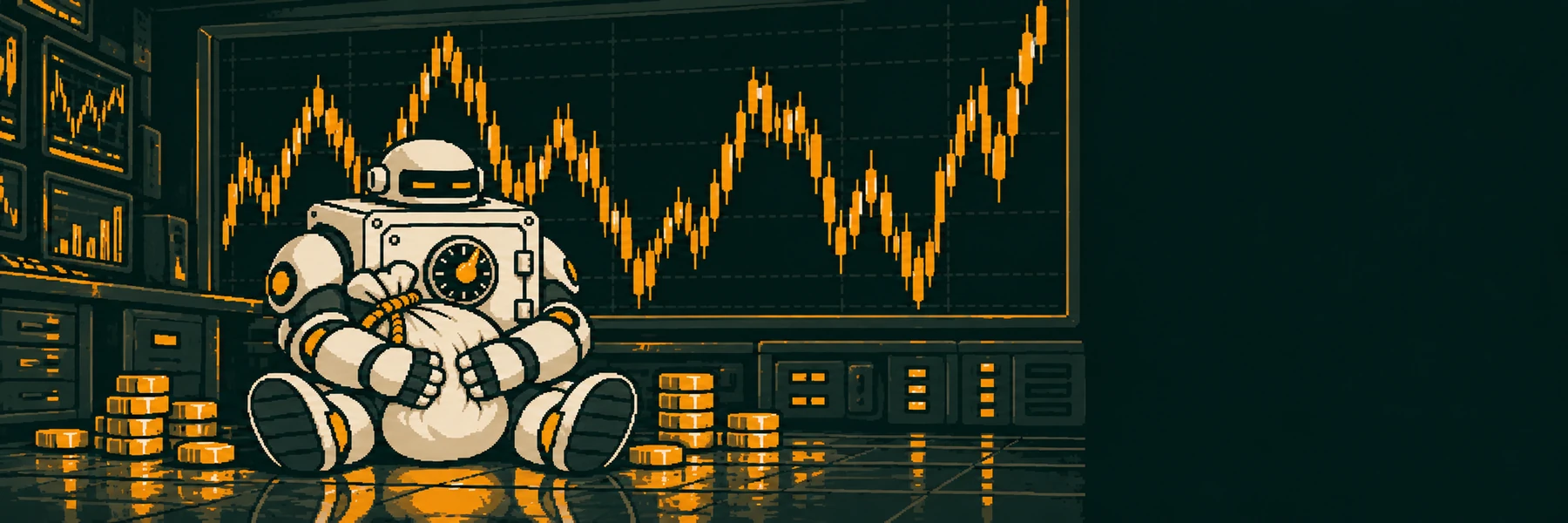 The robot hugging his sack while a huge chart behind him swings up and down