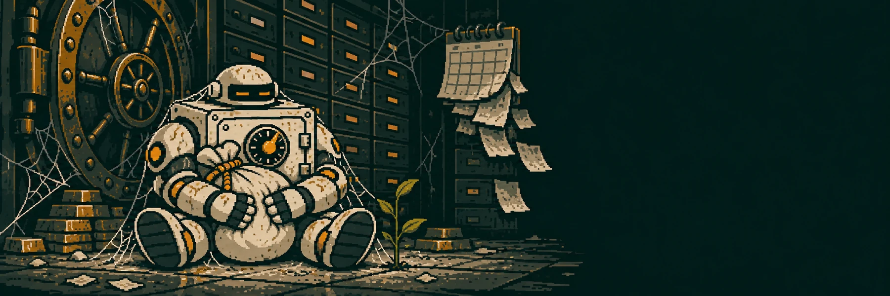 The same robot in the same pose, now covered in dust and cobwebs, a plant growing beside him