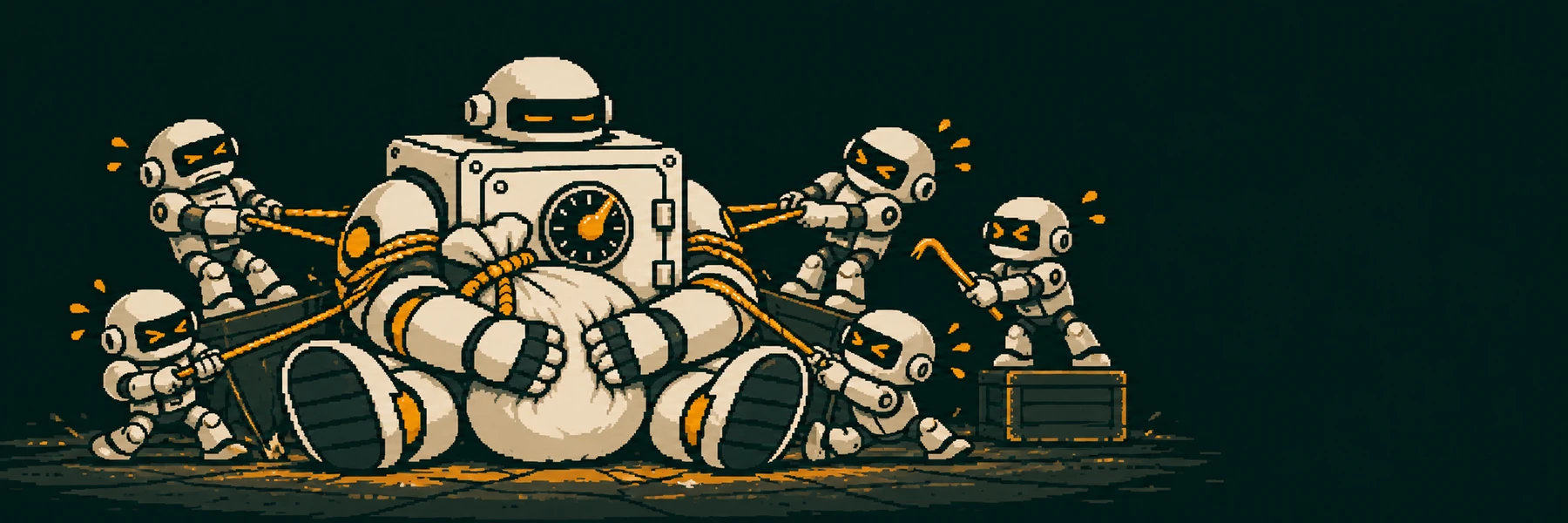 Four small robots pulling on his arms with ropes and a crowbar, getting nowhere
